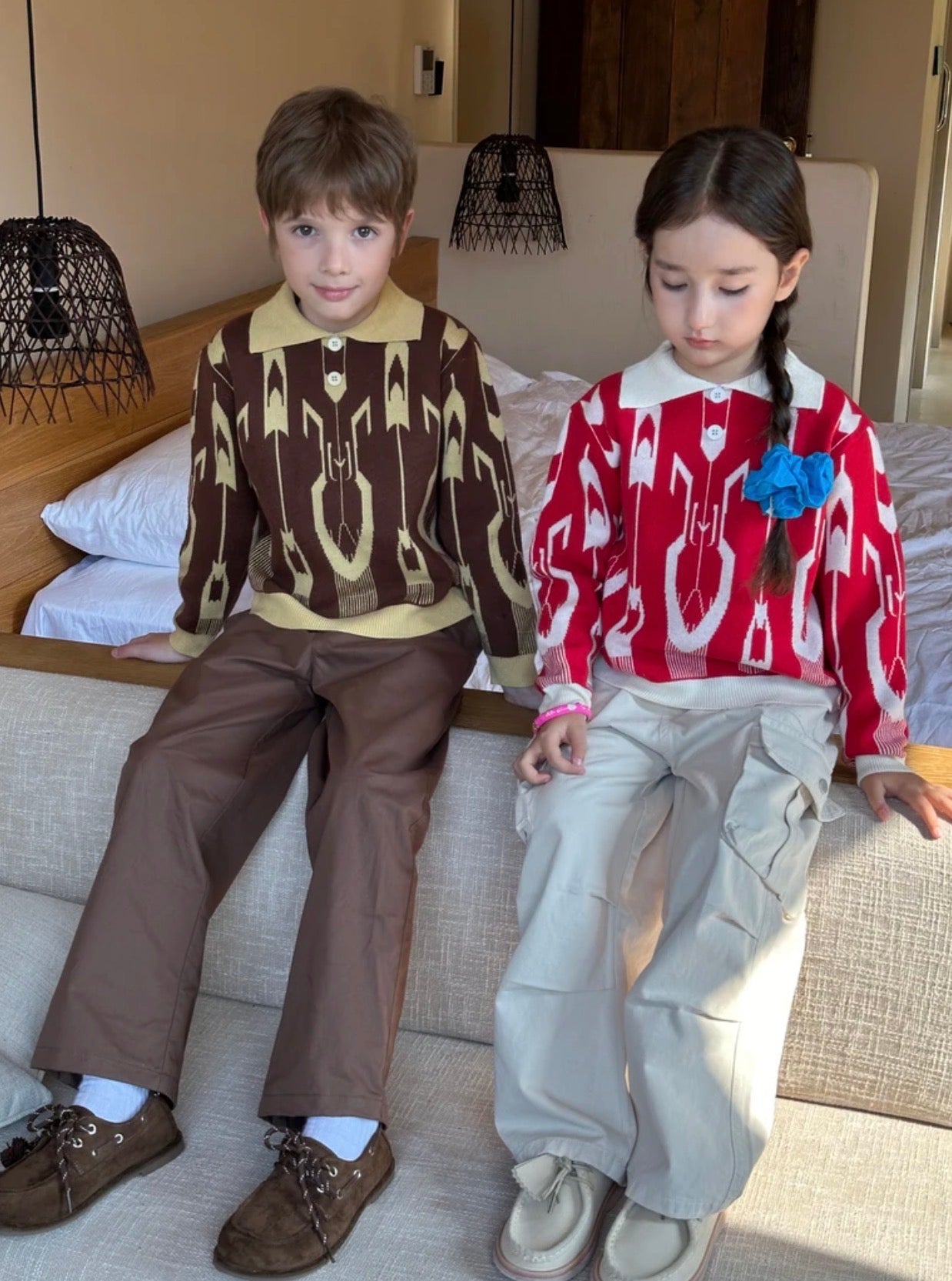 Kids’ Ikat Knit Polo Sweater — Red & Brown