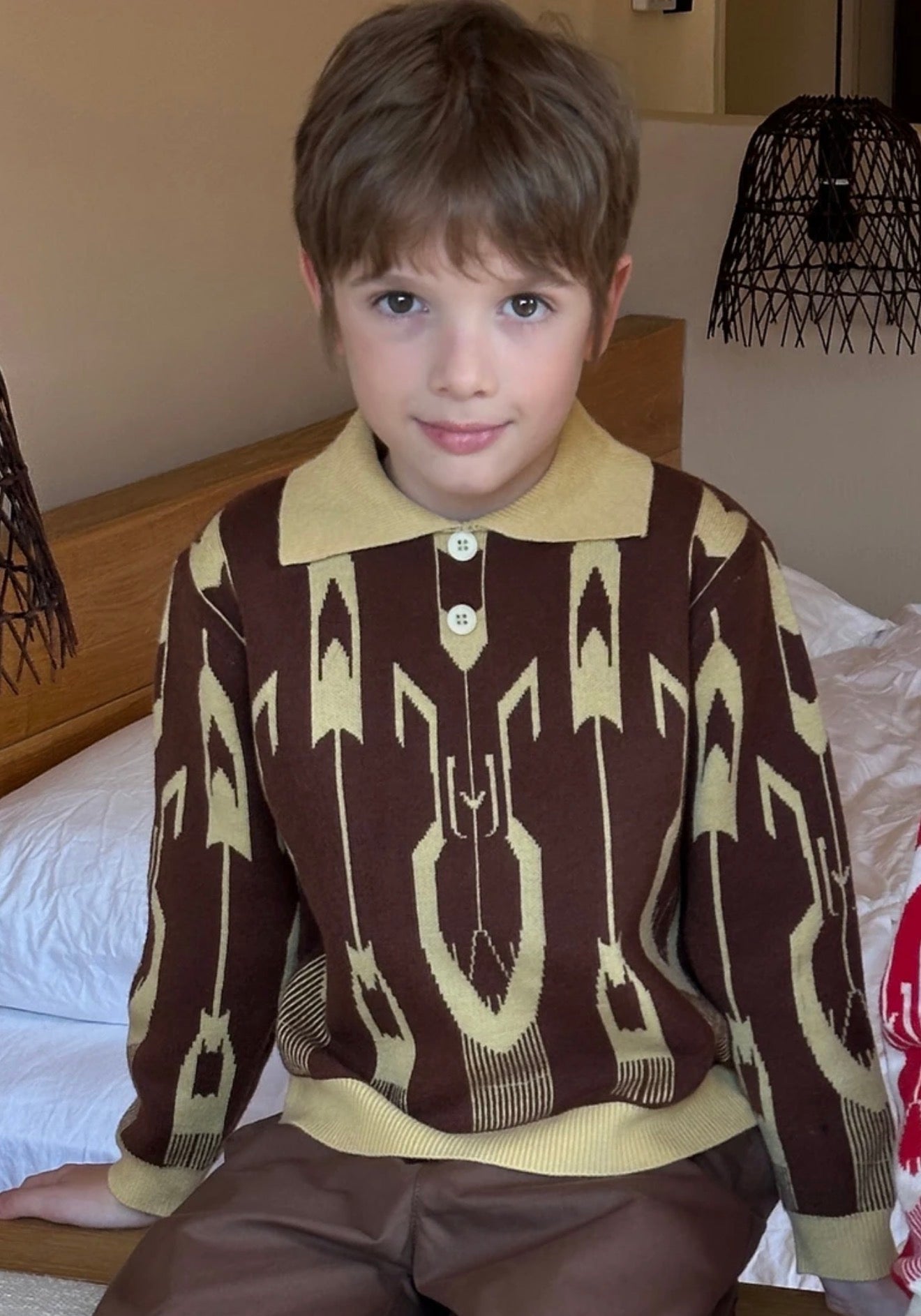 Kids’ Ikat Knit Polo Sweater — Red & Brown