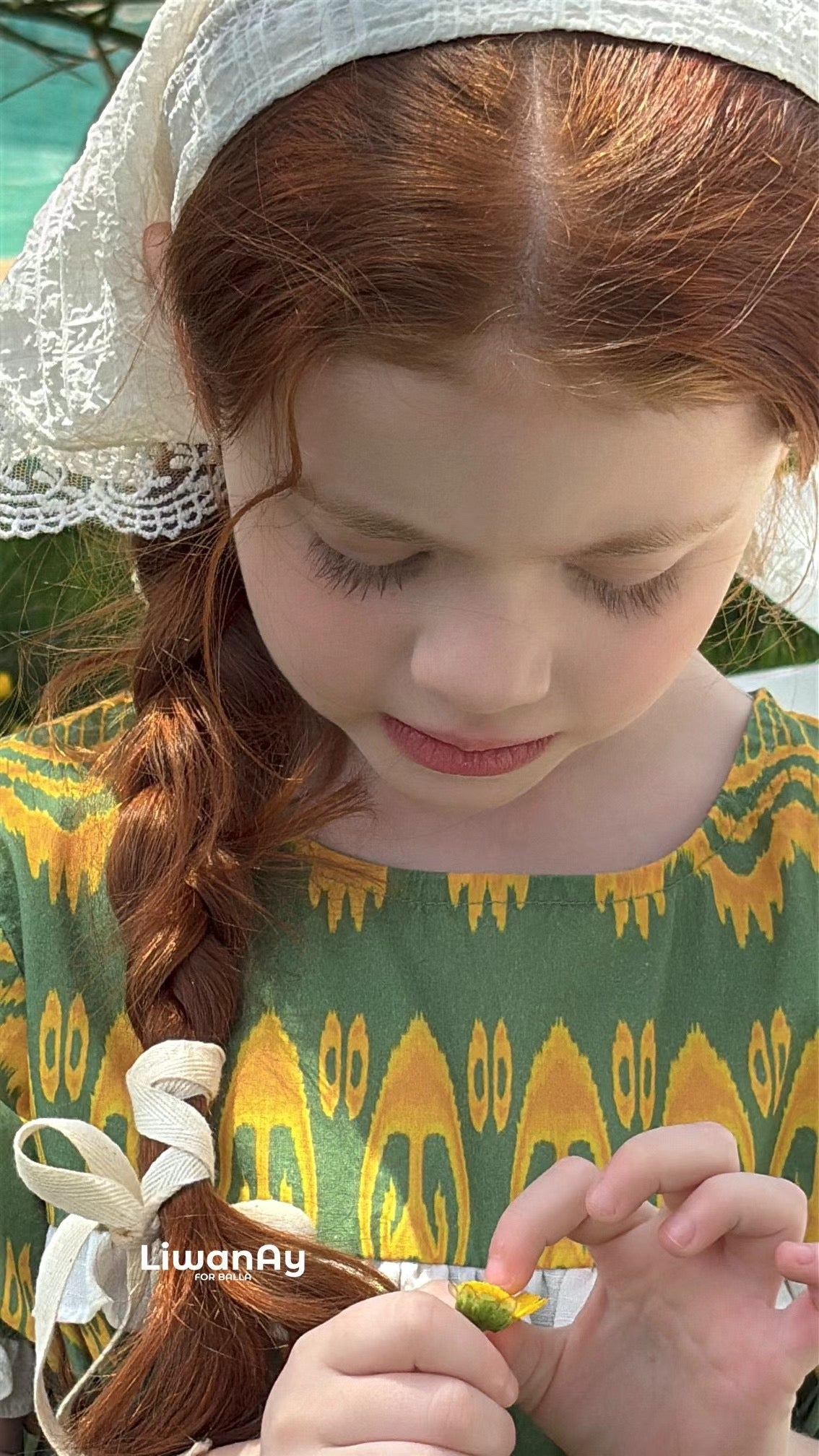 “Meadowlight” Atlas Cotton Puff Sleeve Dress – Bright Yellow on Green