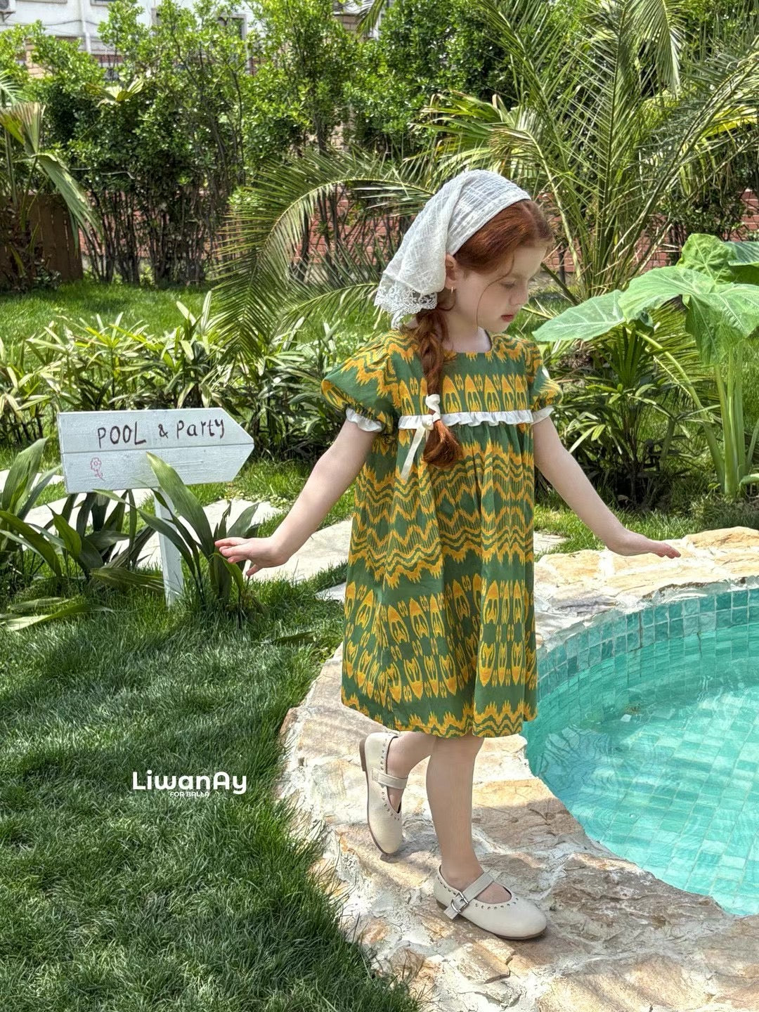 “Meadowlight” Atlas Cotton Puff Sleeve Dress – Bright Yellow on Green