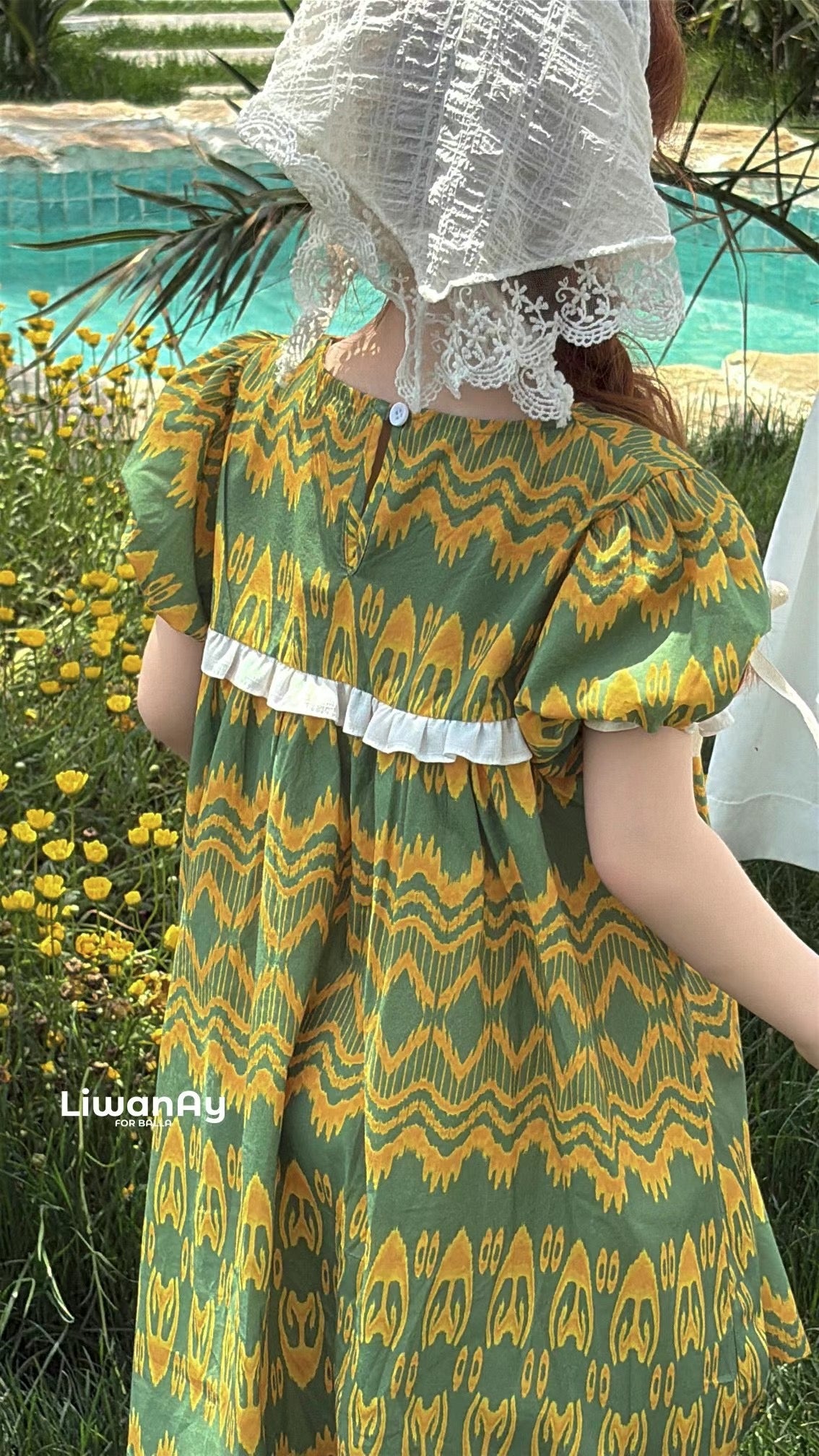 “Meadowlight” Atlas Cotton Puff Sleeve Dress – Bright Yellow on Green