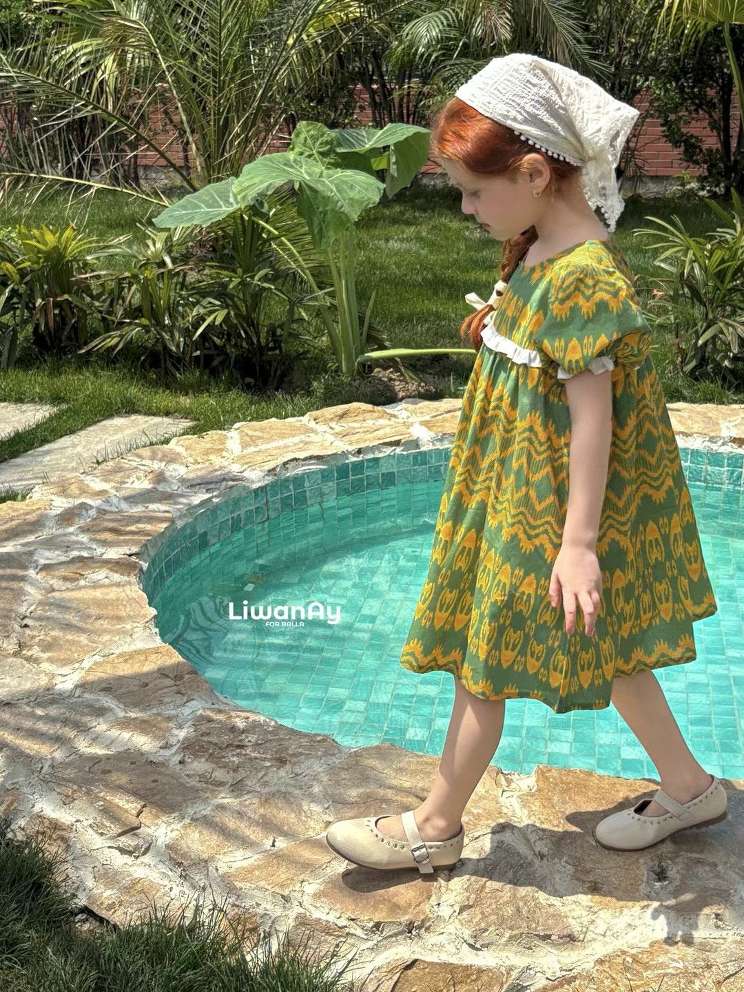 “Meadowlight” Atlas Cotton Puff Sleeve Dress – Bright Yellow on Green