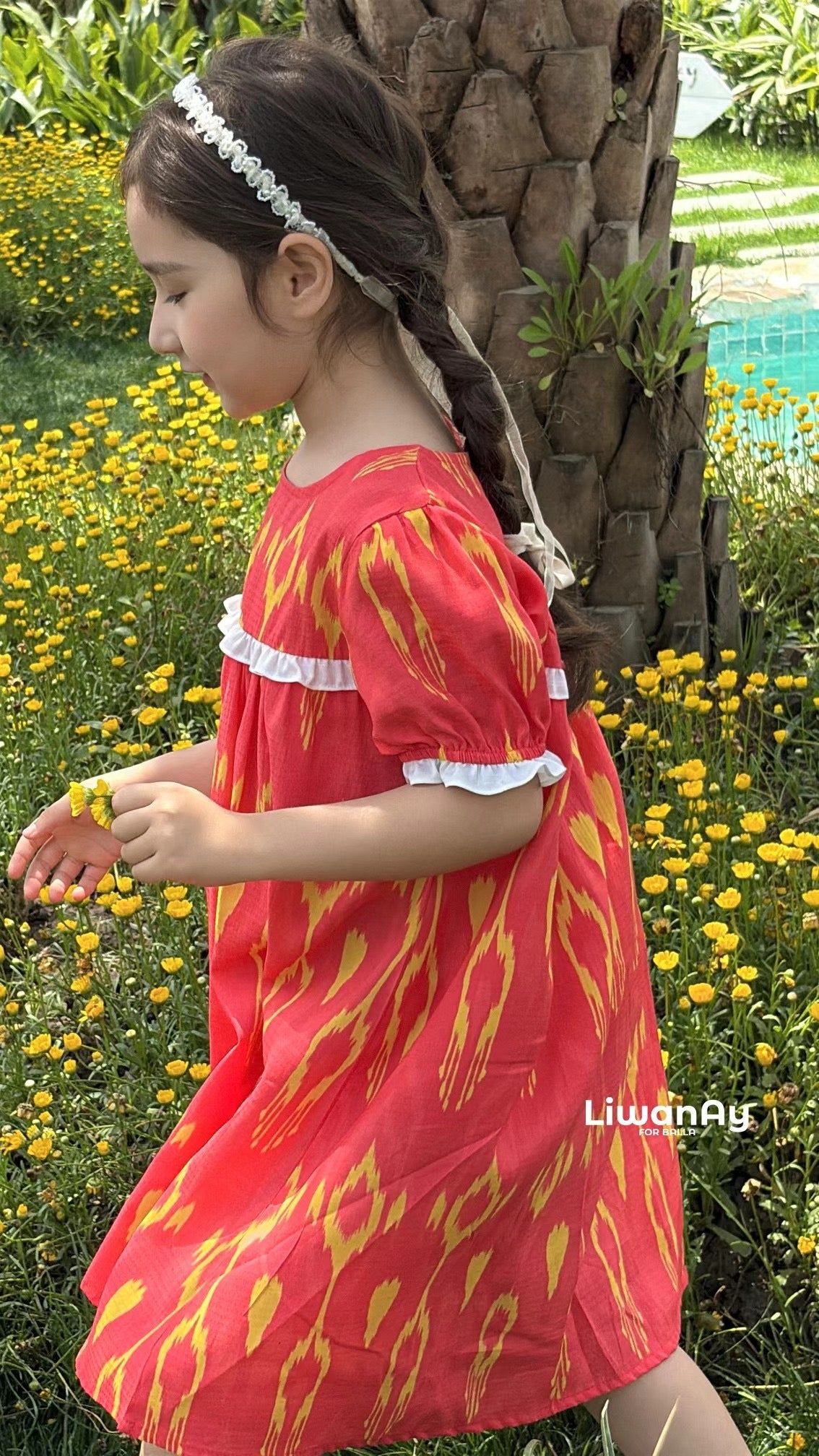 “Sunlit Berry” Atlas Cotton Puff Sleeve Dress – Crimson Red with Yellow Accents