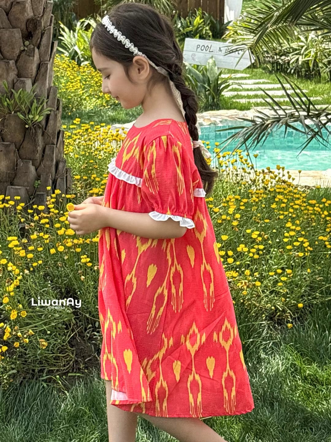 “Sunlit Berry” Atlas Cotton Puff Sleeve Dress – Crimson Red with Yellow Accents