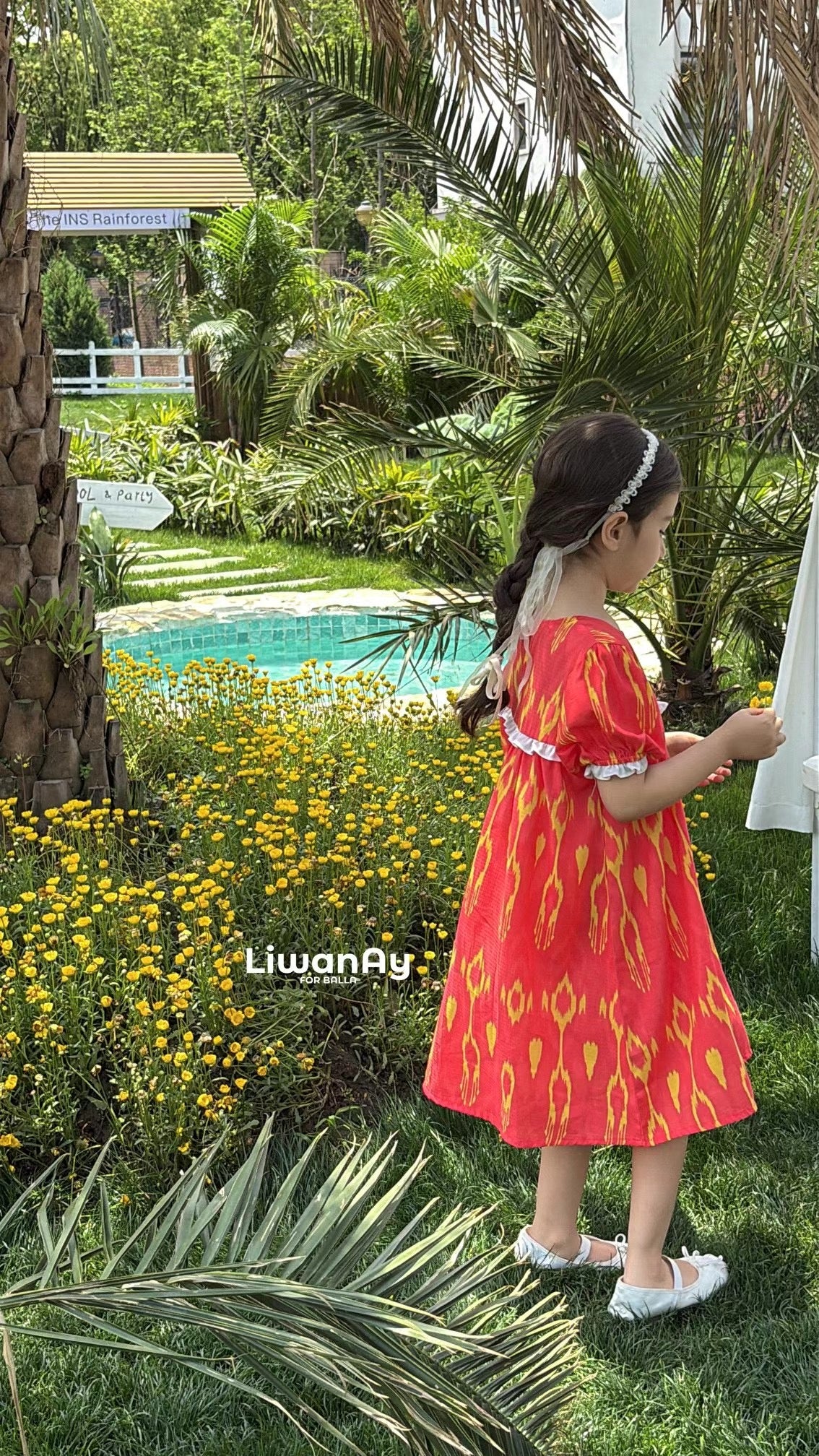 “Sunlit Berry” Atlas Cotton Puff Sleeve Dress – Crimson Red with Yellow Accents