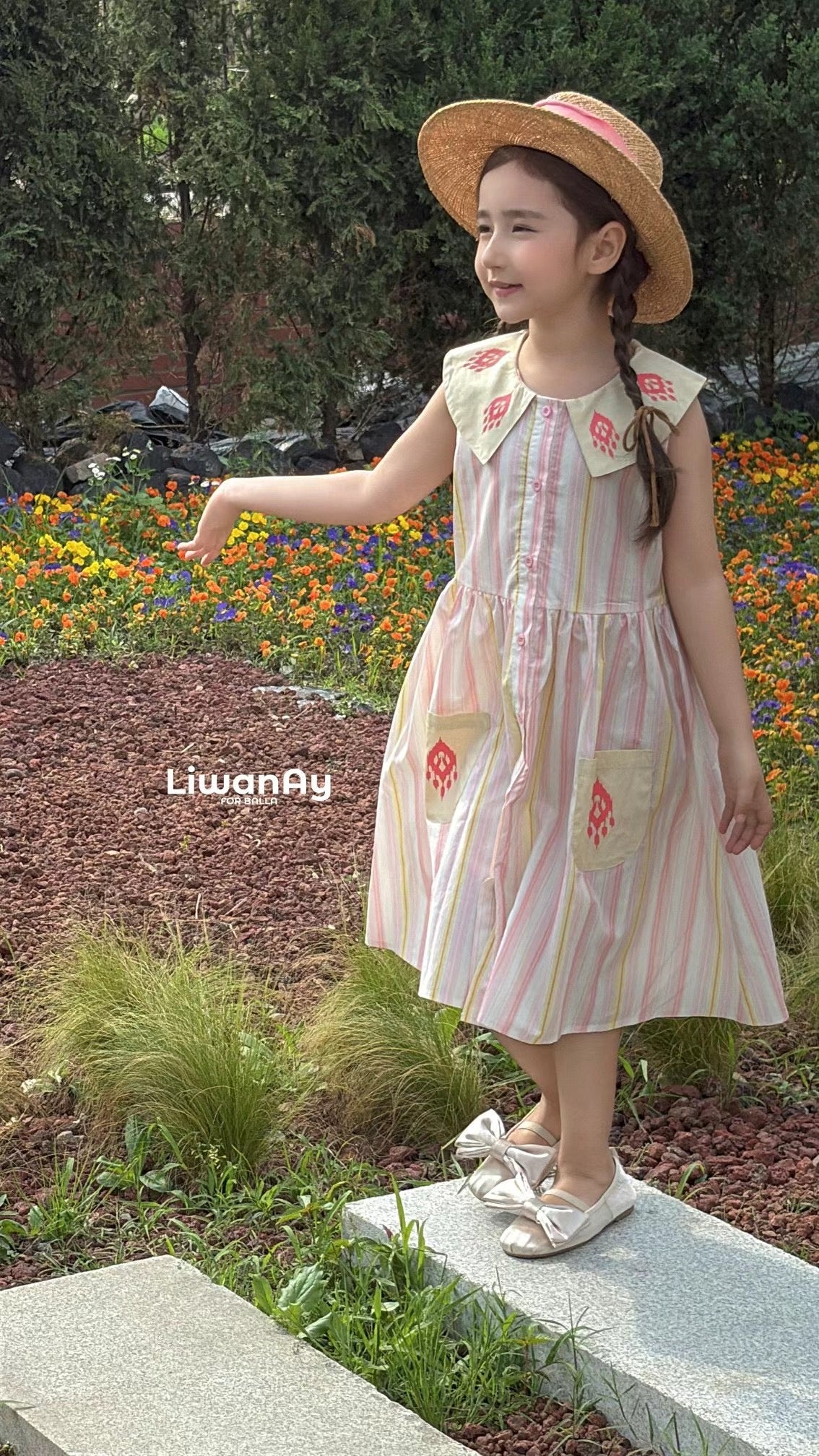 Striped Cotton Summer Dress with Ikat Collar