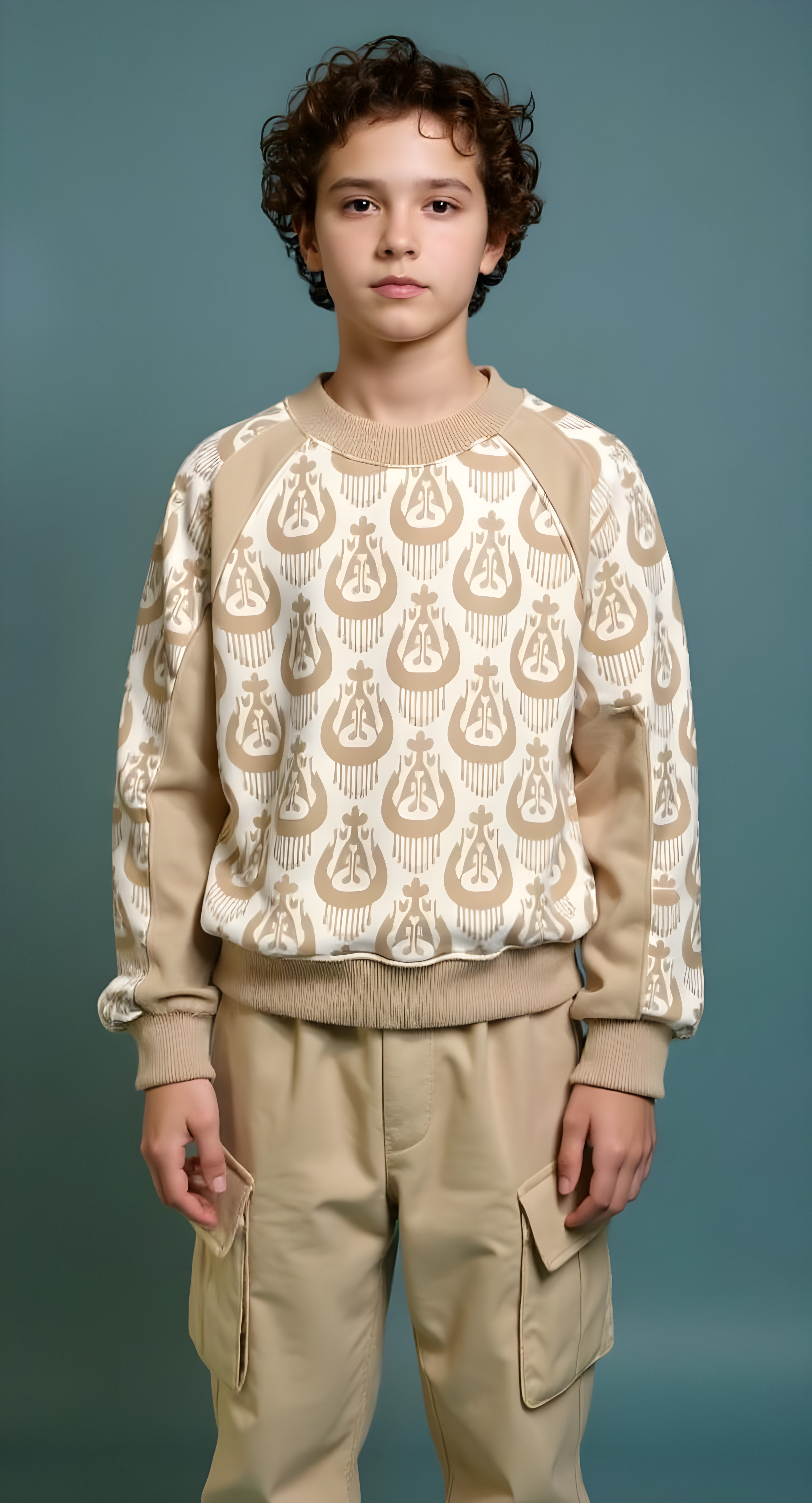 Beige Atlas/Ikat Sweatshirt Set